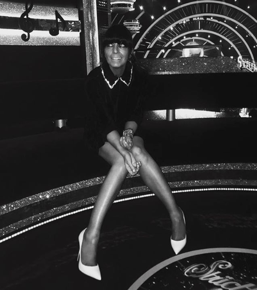 where to get Claudia Winkleman black velvet crystal gem collar dress Strictly 1 December 2019 Photo Sinead McKeefry