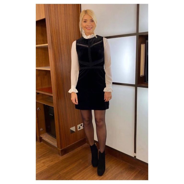 where to get Holly Willoughby black velve shift dress cream ruffle shirt This morning outfit today 2 December 2019 Photo Holly Willoughby