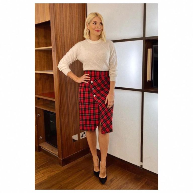 where to get Holly Willoughby red check skirt cream diamond jumper This Morning outfit today 11 December 2019 Photo Holly Willoughby