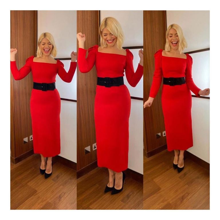 where to get Holly Willoughby red dress black belt This Morning outfit today 12 december 2019 Photo holly Willoughby
