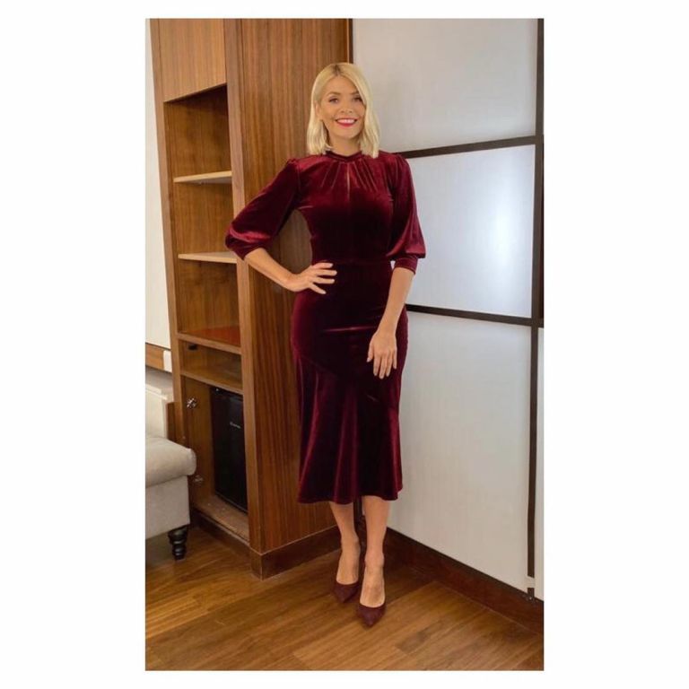 Where to get Holly Willoughby red velvet midi dress This Morning outfit today 2 December 2019 Photo Holly Willoughby