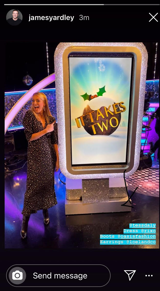 where to get Tess Daly black and gold star dress It Takes Two 11 December 2019 Photo James Yardley