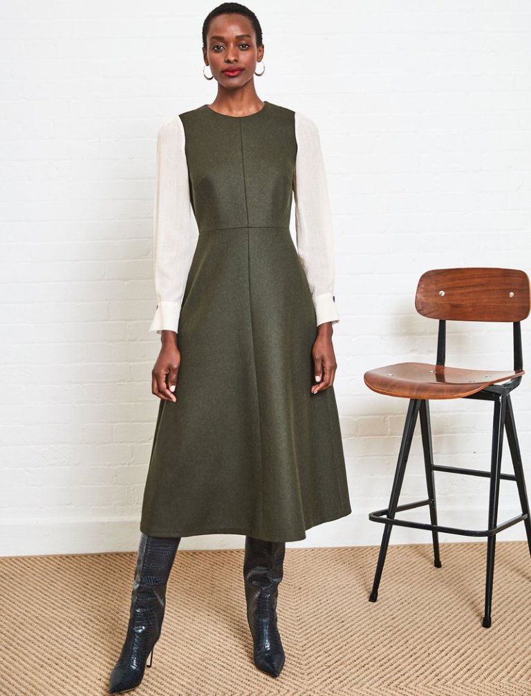 Cefinn Tilda Contrast Sleeve Wool Midi Dress in Dark Khaki Cream