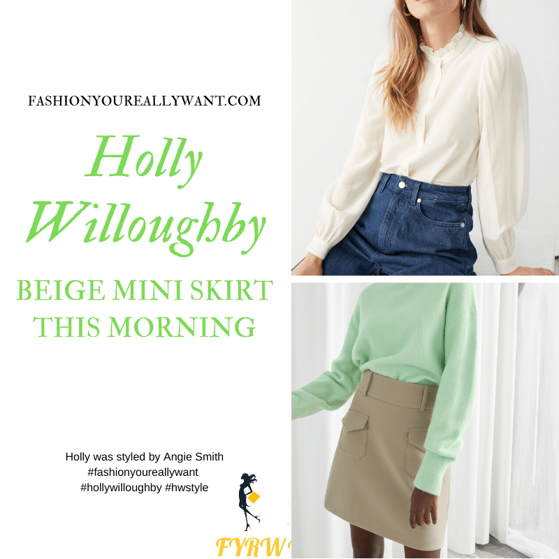 Where to get all Holly Willoughby outfits on This Morning January 2020 beige mini skirt with two pockets white ruffle neck blouse cream ankle boots