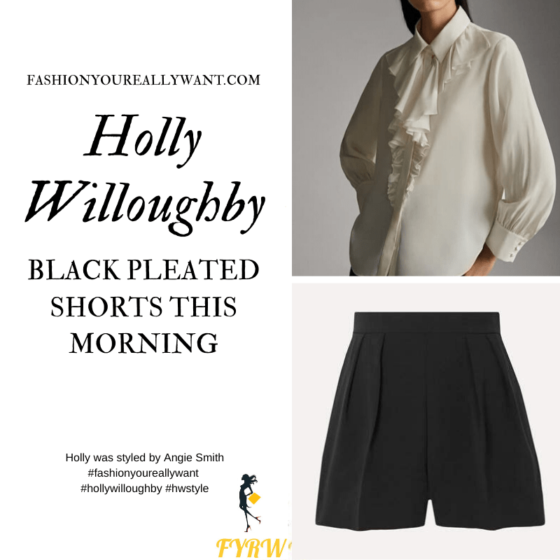 Where to get all Holly Willoughby This Morning outfits January 2020 black pleated shorts cream ruffled blouse