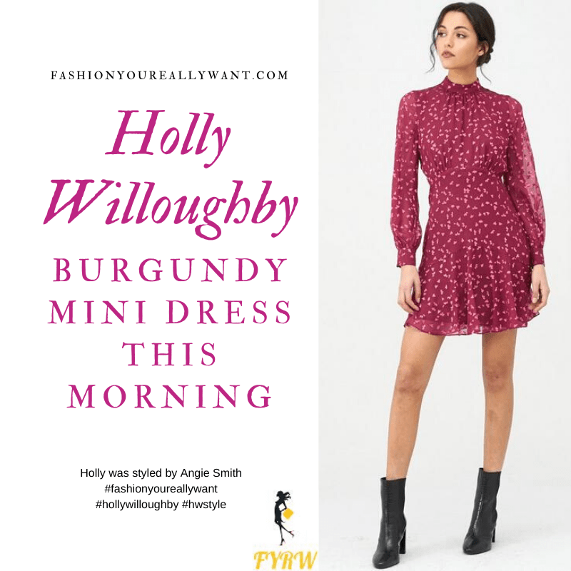Where to get all Holly Willoughby This Morning outfits blog January 2020 Burgundy leaf print mini dress