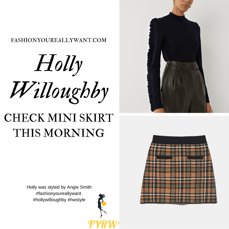 Where to get all Holly Willoughby This Morning outfits January 2020 orange and green check mini skirt black ruffle sleeve jumper black ankle boots