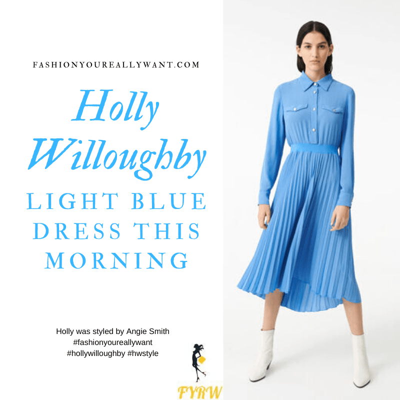 Where to get all Holly Willoughby This Morning outfits January 2020 light blue pleated skirt shirt dress