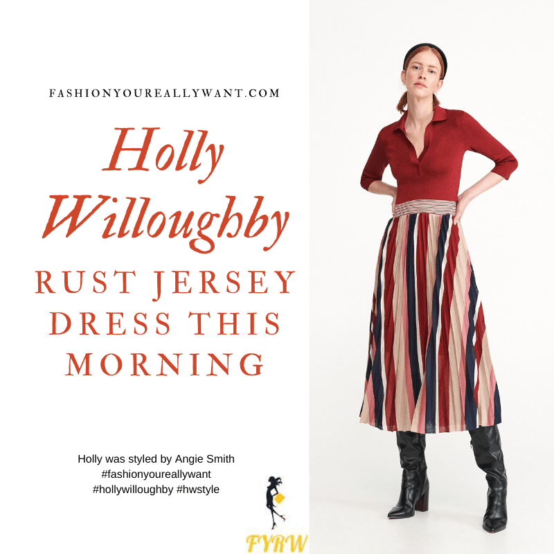 where to get all Holly Willoughby This Morning outfits January 2020 Rust Jersey Dress with striped skirt and claret leather boots