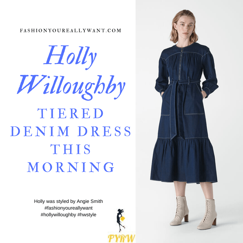 Where to get all Holly Willoughby This Morning outfits blog January 2020 blue denim tiered topstitch dress