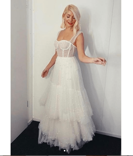 where to get holly Willoughby Dancing on Ice dress white tulle bodice with embellishments 19 January 2020 Photo Holly Willoughby