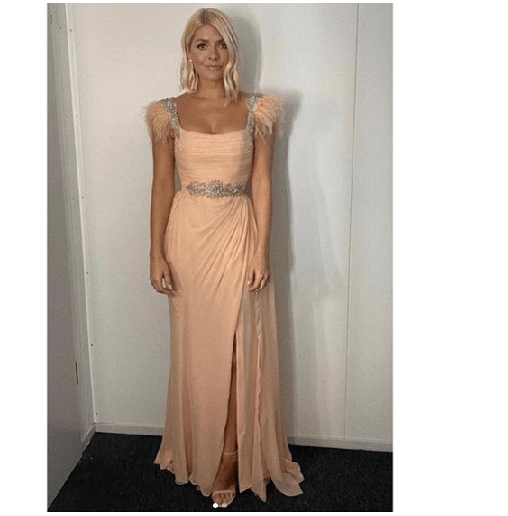 where to get holly willoughby peach and feather gown Dancing on Ice 5 January 2020 photo Holly Willoughby