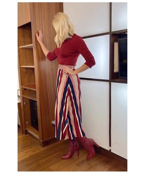 where to get Holly Willoughby This Morning dress rust striped dress claret boots 8 January 2020 Photo Holly Willoughby