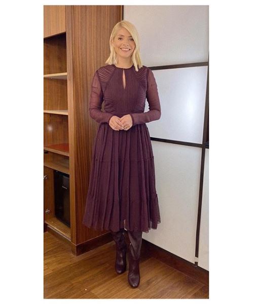 where to get Holly Willoughby This Morning dress today burgundy purple dress red boots 20 January 2020 Photo Holly Willoughby