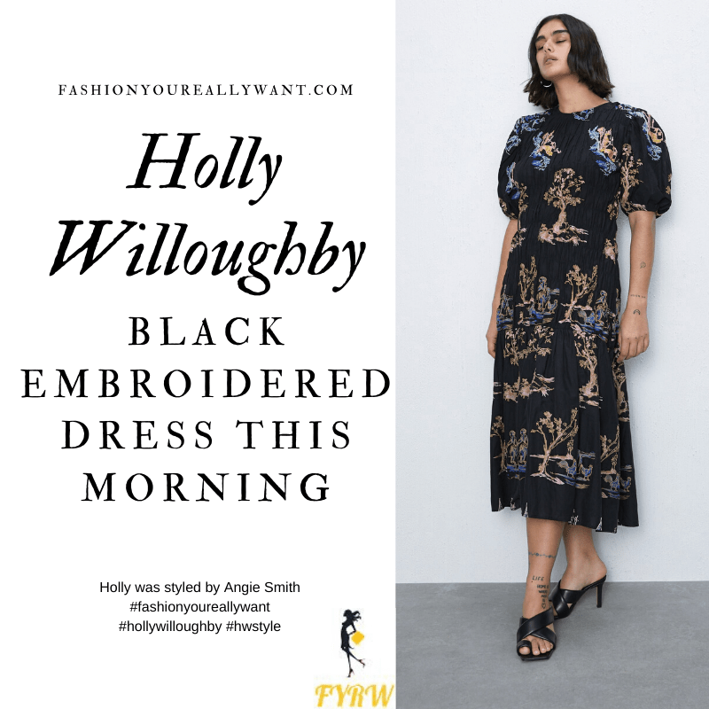 Where to get all Holly Willoughby This Morning outfits blog February 2020 black puff sleeve embroidered dress