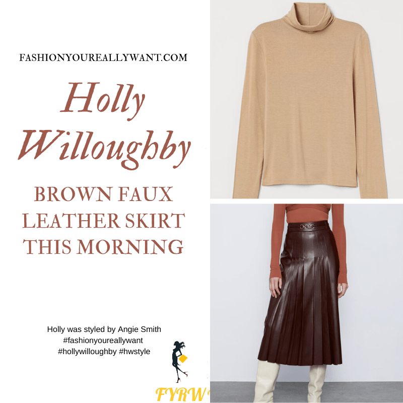 Where to get all Holly Willoughby This Morning outfits February 2020 blog brown pleated faux leather skirt with chain trim beige jumper