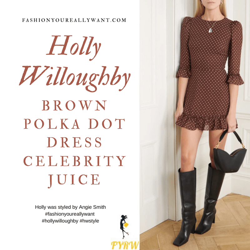 Where to get all Holly Willoughby Celebrity Juice outfits blog February 2020 brown polka dot ruffle dress white ankle boots
