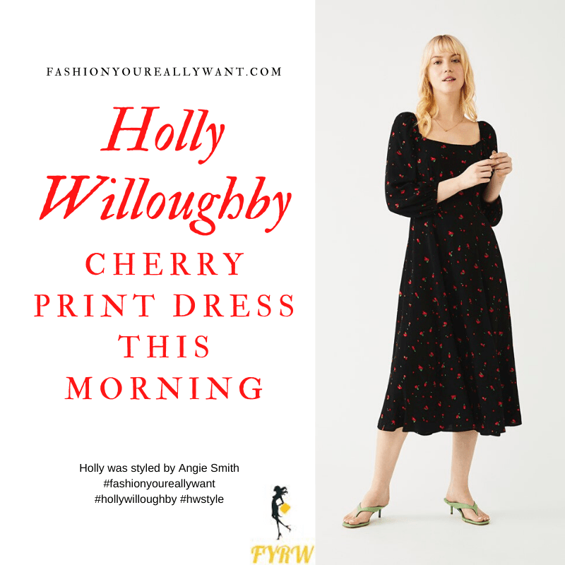 Where to get all Holly Willoughby This Morning outfits blog February 2020 black cherry print midi dress square neck puff sleeves
