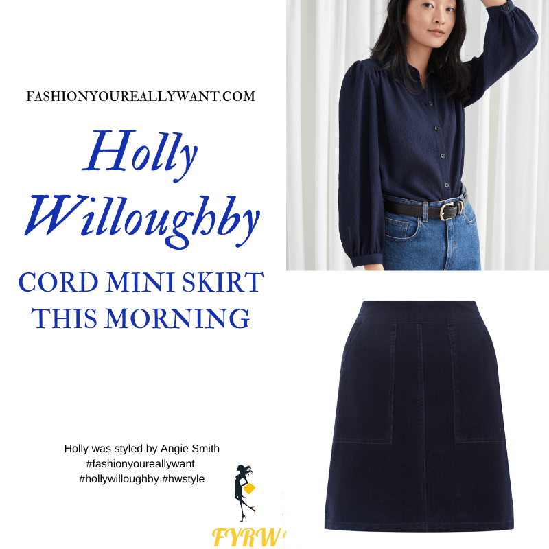 Where to get all Holly Willoughby outfits blog January 2020 blue corduroy mini skirt blue blouse cream ankle boots