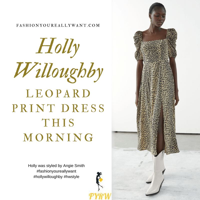 Where to get all Holly Willoughby This Morning outfits blog February 2020 square neck puff sleeve leopard print midi dress with split
