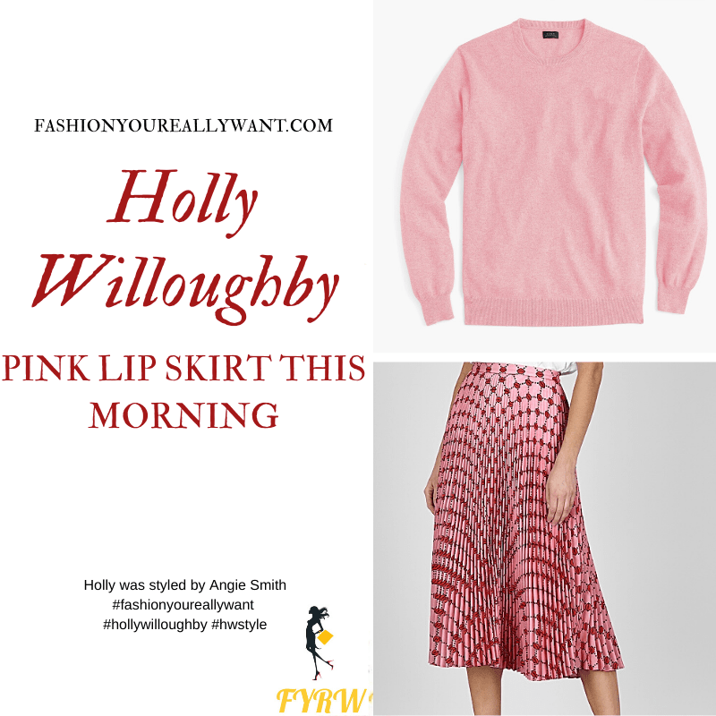 Where to get all Holly Willoughby This Morning outfits blog February 2020 pink pleated skirt with red lip print pink knitwear