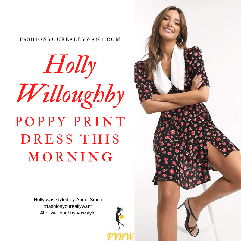 Where to get all Holly Willoughby This Morning outfits blog February 2020 black mini dress with red poppies white collar black suede court shoes