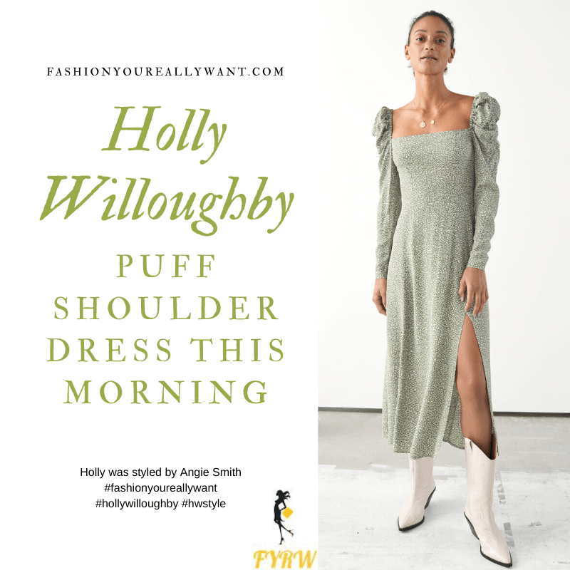 Where to get all Holly Willoughby This Morning outfits blog February 2020 green and white dot puff sleeve square neck split dress
