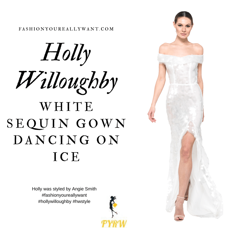 Where to get all Holly Willoughby Dancing on Ice dresses February 2020 blog white off the shoulder Bardot sequin gown white sandals feather ear climber earrings
