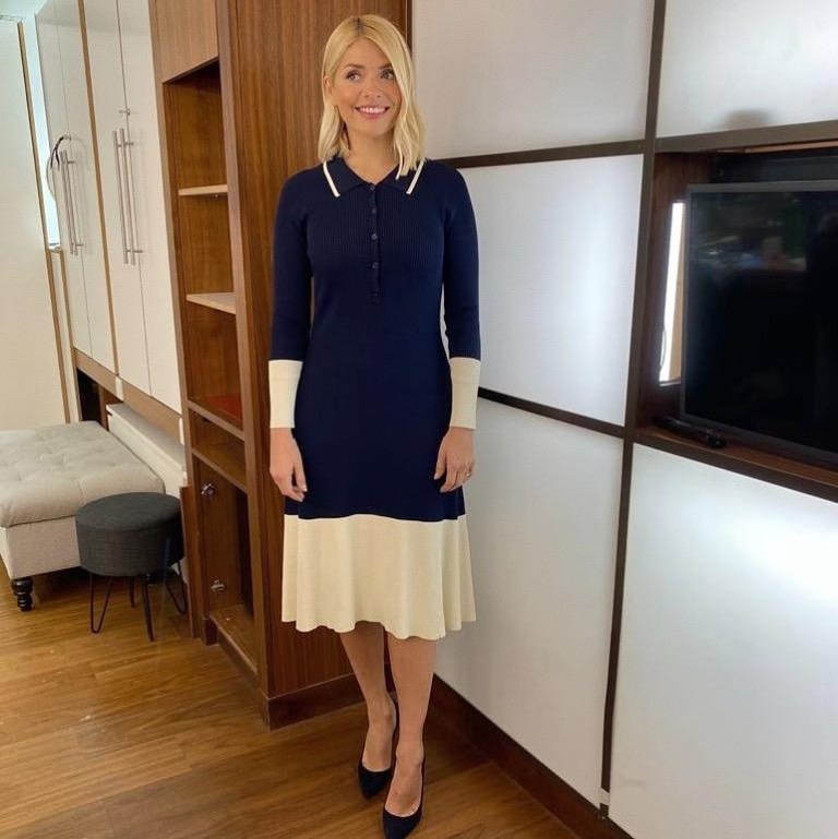 where to get all Holly Willoughby This Morning dresses navy and cream two tone knit dress 27 February 2020 Photo Holly Willoughby