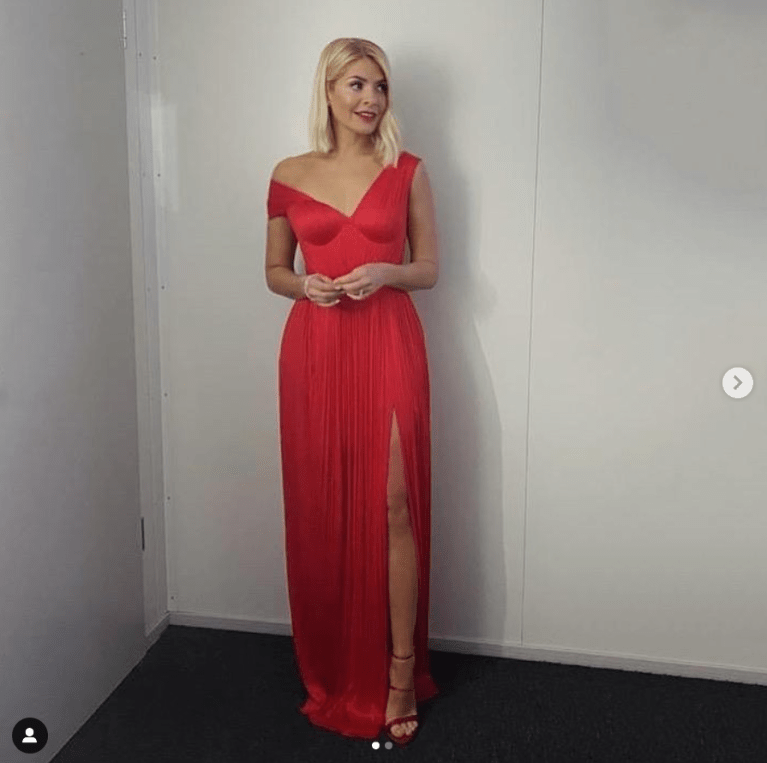 where to get Holly Willoughby Dancing on Ice dresses red drop shoulder pleated skirt gown 16 February 2020 Photo Holly Willoughby
