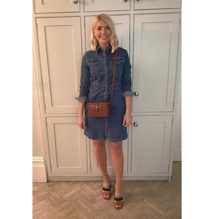 where to get Holly Willoughby dresses denim mini dress brown crossbody bag 3 strap sandals 4 February 2020 Photo Holly Willoughby