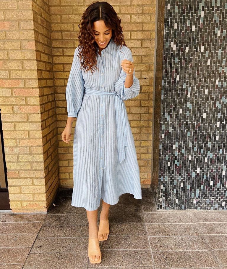 where to get Rochelle Humes This morning blue striped puff sleeve shirt dress 28 February 2020