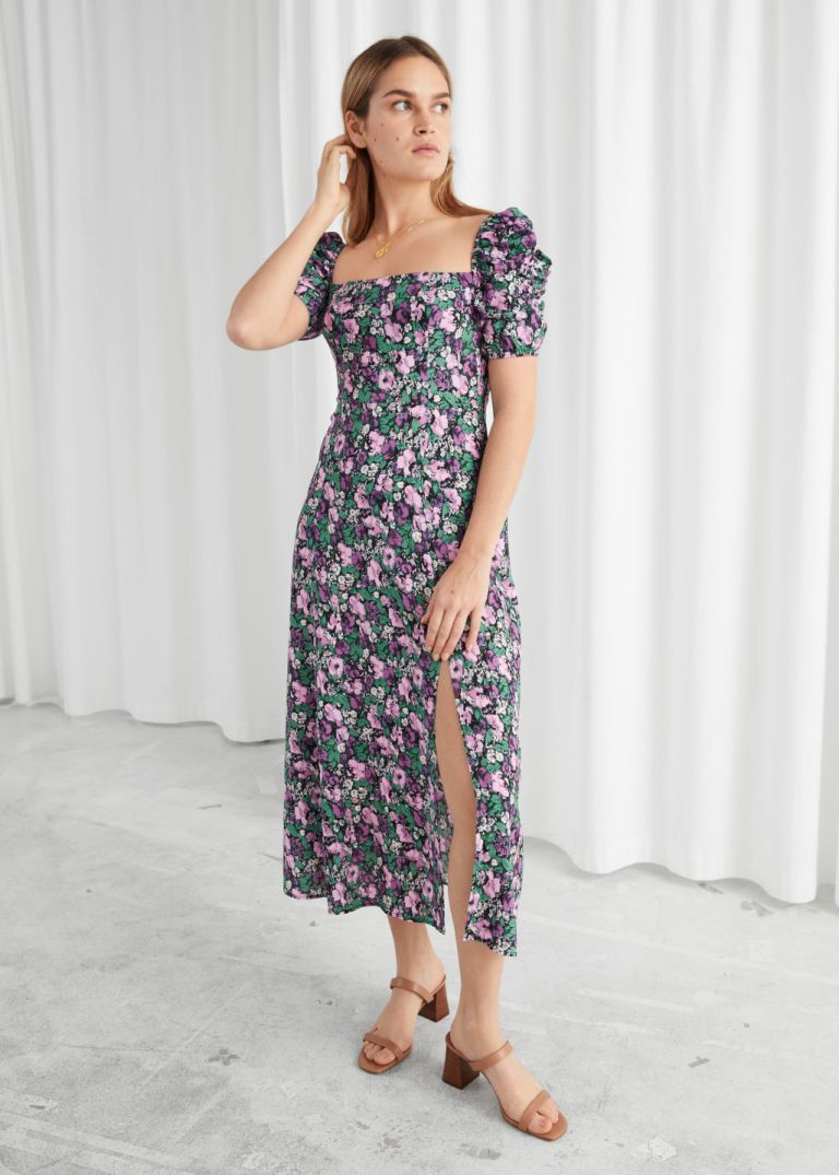 And Other Stories Puff Shoulder Crepe Midi Dress lilac