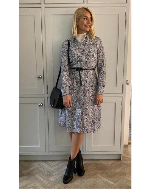 Where to get Holly Willoghby printed shirt dress black and white saddle bag black boots MArch 2020