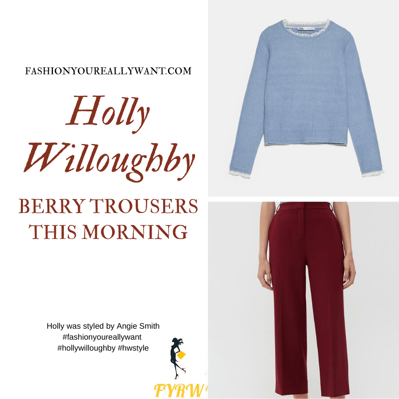 Where to get all Holly Willoughby This Morning outfits blog March 2020 berry maroon cropped trousers blue jumper edges with lace
