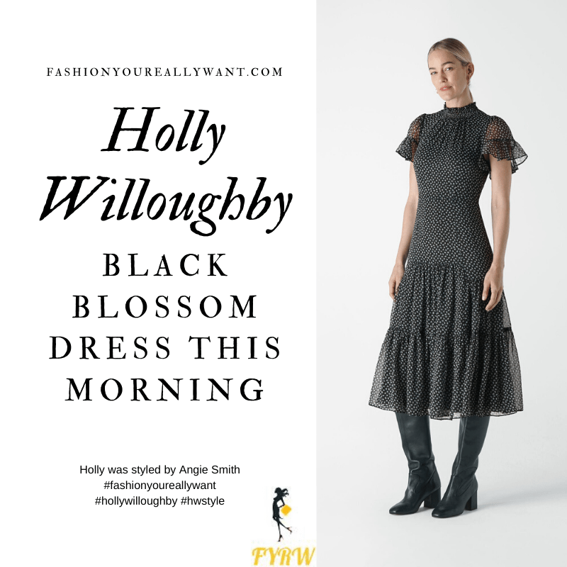 Where to get all Holly Willoughby This Morning outfits blog March 2020 black and white floral dress with ruffle sheer sleeves and tiered skirt