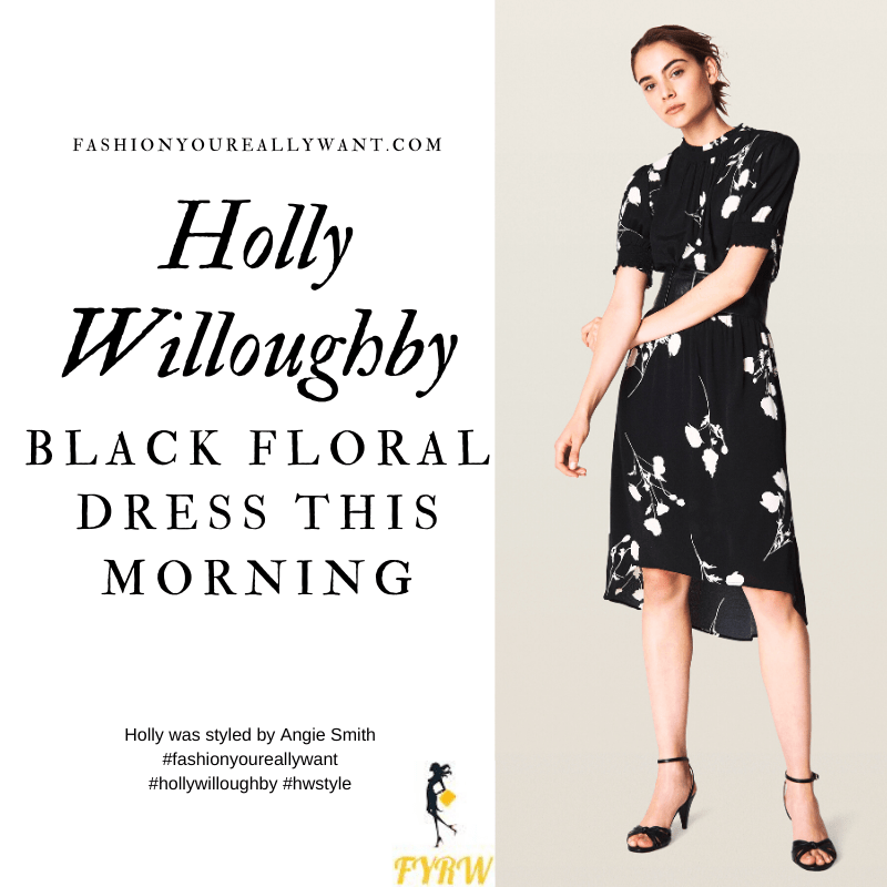 Where to get all Holly Willoughby outfits blog March 2020 This Morning black and white poppy print dress short sleeves hi lo hem