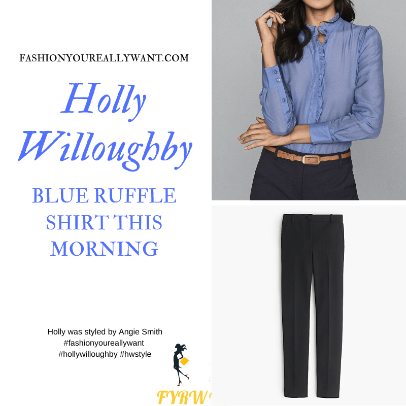 Where to get all Holly Willoughby This Morning outfuts blog March 2020 blue ruffle front shirt black trousers