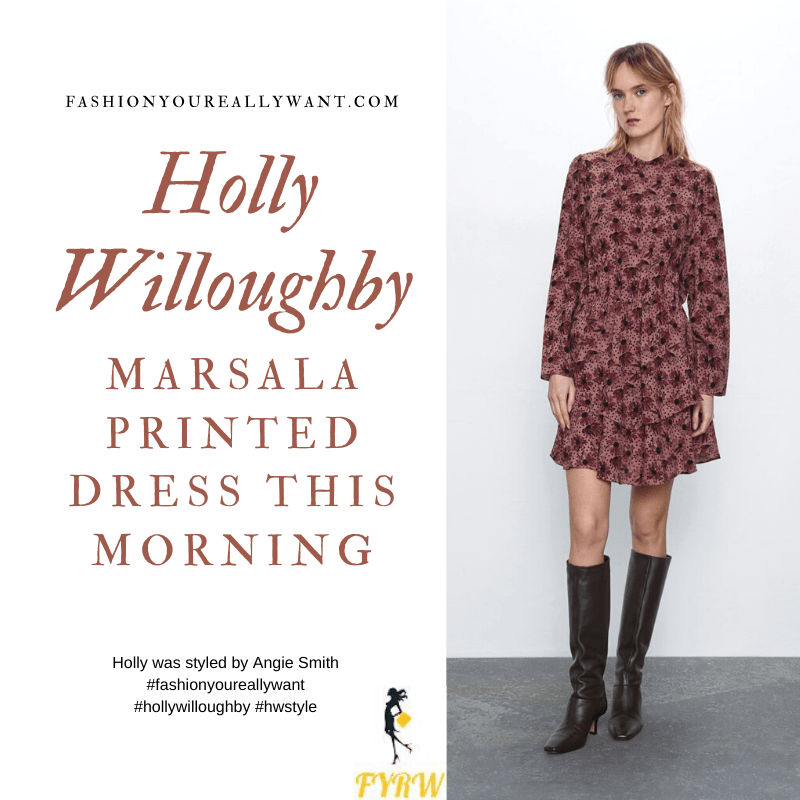Where to get all Holly Willoughby This Morning outfits blog March 2020 burgundy floral and spot ruffle hem dress
