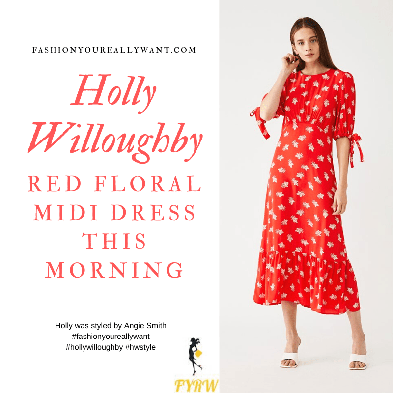 Where to get all Holly Willougby This Morning outfits blog March 2020 empire line red floral midi dress short sleeves tie