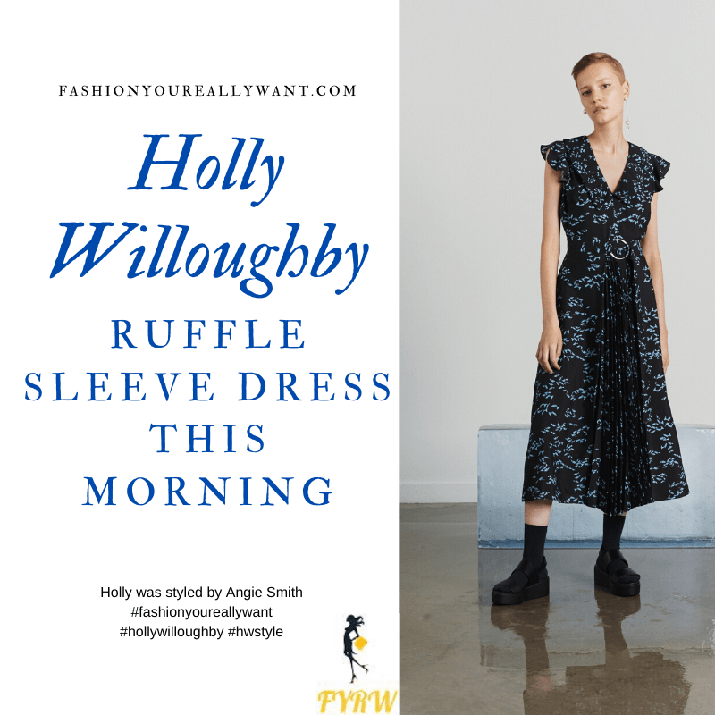 Where to get all Holly Willoughby This Morning outfits blog March 2020 black and blue ruffle sleeve pleated front dress