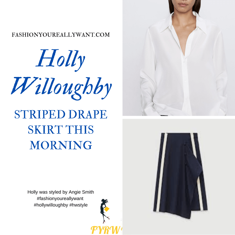 Where to get all Holly Willoughby This Morning outfits blog March 2020 navy drape skirt with white side stripe ecru cream shirt