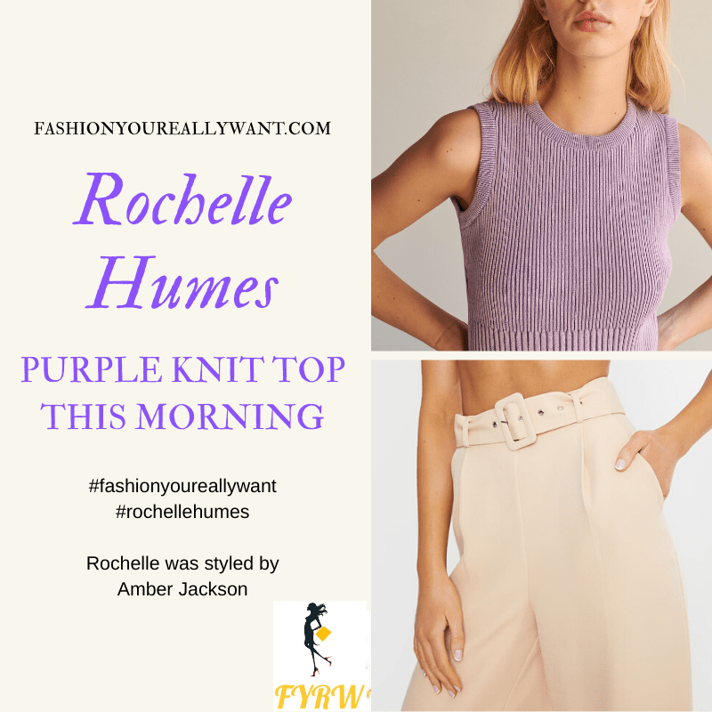 Where to get Rochelle Humes  This Morning outfit today blog March 2020 two ton purple ribbed top beige wide leg trousers sandals