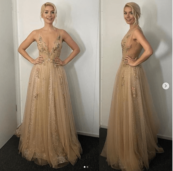 where to get Holly Willoughby Dancing on Ice dresses gold plunge embroidered gown 1 MArch 2020 Photo Holly Willoughby
