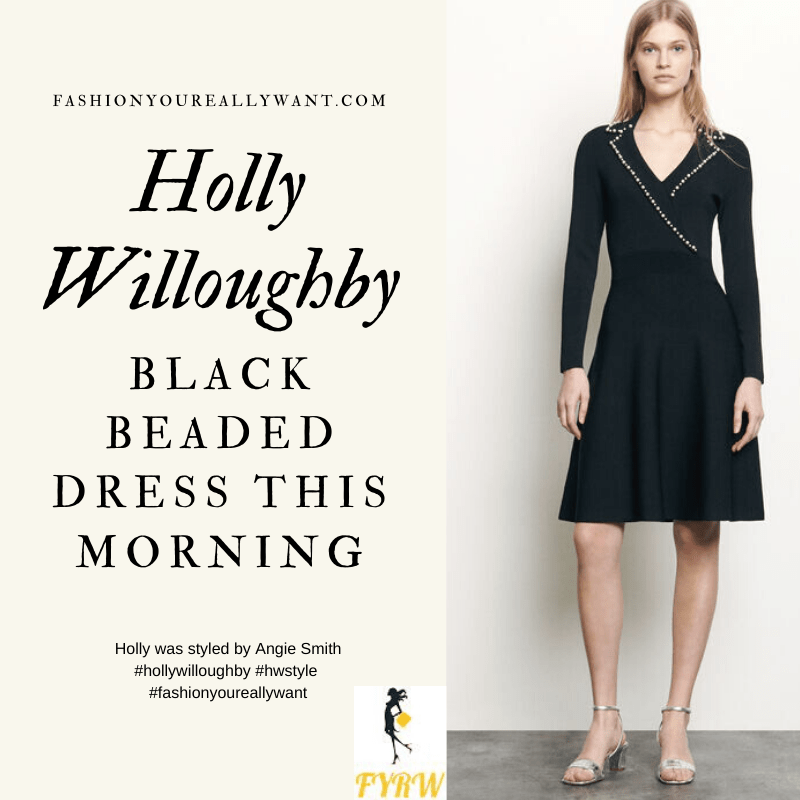 Where to get all Holly Willoughby This Morning outfits blog April 2020 black dress with pearl beads on the collar