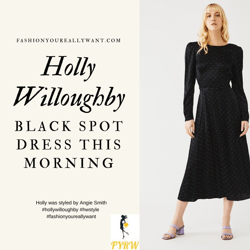 Where to get all Holly Willoughby This Morning outfits blog April 2020 black satin midi dress with multi colour polka dots
