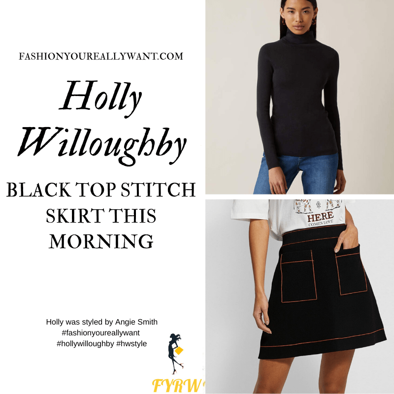 Where to get all Holly Willoughby This Morning outfits blog April 2020 black mini skirt with tan topstitch black polo neck jumper