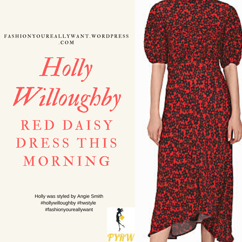 Where to get all Holly Willoughby outfits blog Aprl 2020 red dress with black floral daisy print puff sleeve asymmetric hem
