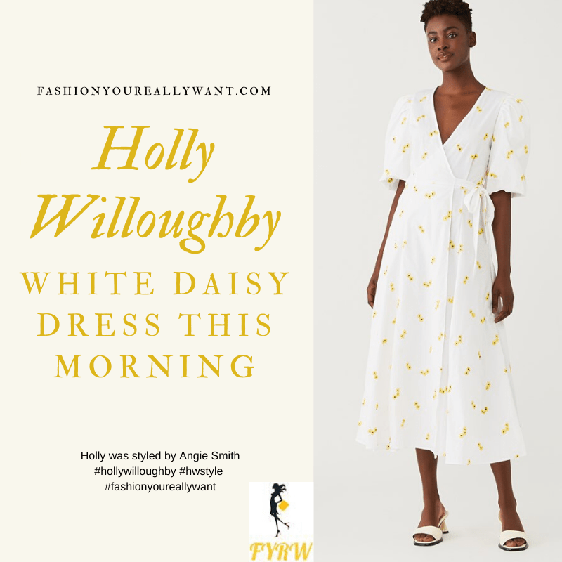 Where to get all Holly Willoughby outfits blog April 2020 white wrap dress with yellow embroidered daisy