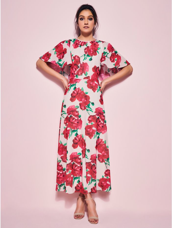 Glamour Rose Cape Midi Dress